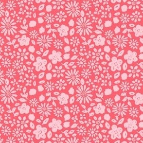 Valentine's Day floral in bright pink on red - EXTRA SMALL SCALE