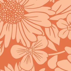 Retro floral in tangerine on peach large scale