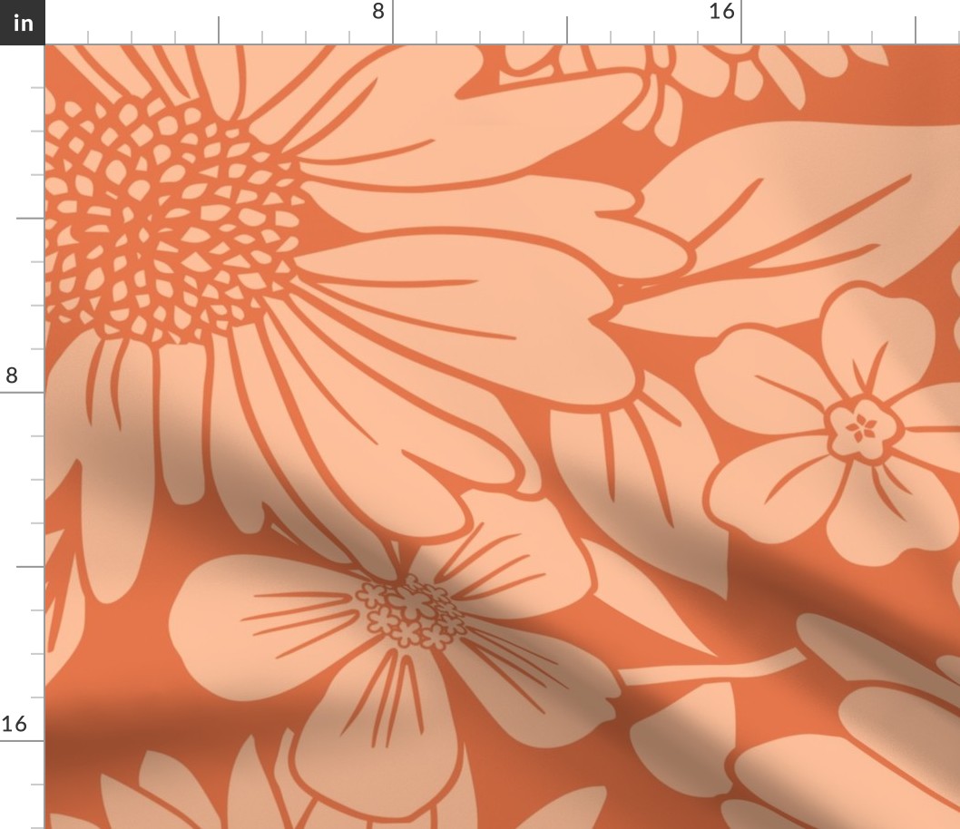 Retro floral in tangerine on peach large scale
