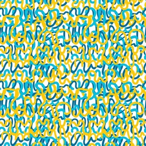 Psychodelic curves in yellow and blue colors on white bg