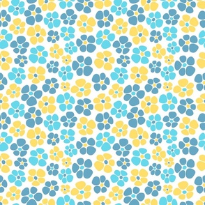 Simple pastel blue and yellow flowers on white bg