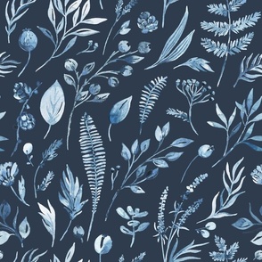 Watercolor hand painted wildflowers and herbs. Indigo on dark blue