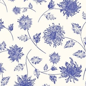 Chrysanthemum Vines in Cream and China Blue - Medium