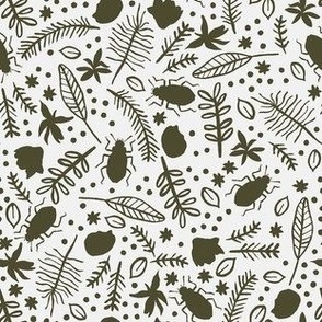 Hand Drawn Ditsy Garden Bugs And Leaves Olive Green Small