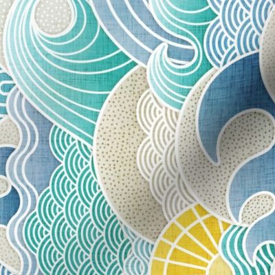 Sun and Sea- Summer Day- Medium- Rotated- Beach Life- Blue Waves- Turquoise- Peacock- Yellow- Large Scale- Home Decor- Wallpaper- Boys 