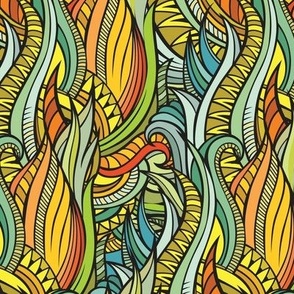 Abstract Batik Waves in Green, Mint, and Orange