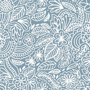 White Folk Floral on French Blue - Large Scale