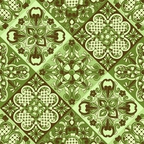 Varied Diagonal Talavera Tiles in Celadon Green and Brown