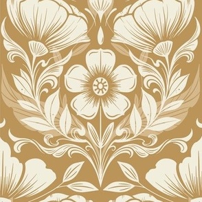 Monochrome Damask Flowers Large Scale with Victorian Aesthetic | Ochre