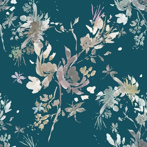 Teal Green Watercolor Floral, luxe, simple trellis,  flowers, dark, large size, modern, artistic
