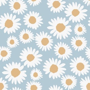 MEDIUM daisy fabric - painted floral fabric - blue