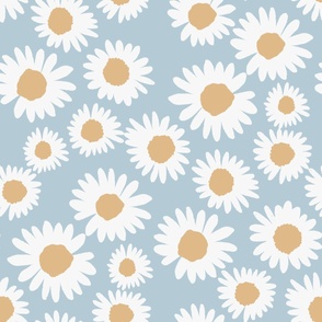 LARGE daisy fabric - painted floral fabric - blue