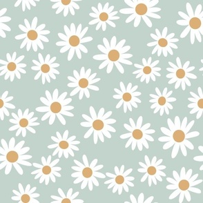 MEDIUM daisy fabric - cute vintage inspired daisy floral fabric - mint
