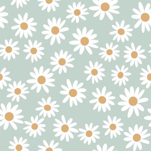 LARGE daisy fabric - cute vintage inspired daisy floral fabric - mint