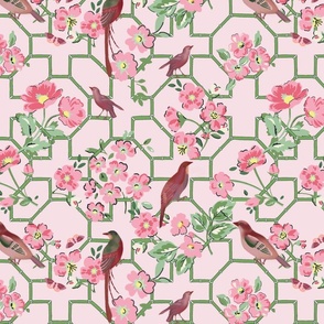 Pink Trellis With Flowers and Birds