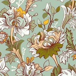 Art Nouveau Pastel Floral in Amber and Green on Mint