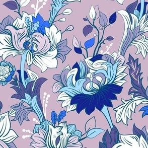 Art Nouveau Pastel Floral in Light and Dark Blue on Lilac
