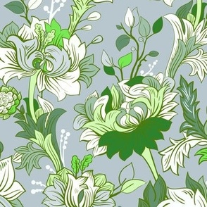 Art Nouveau Pastel Floral in Light and Emerald Green on Serenity Blue