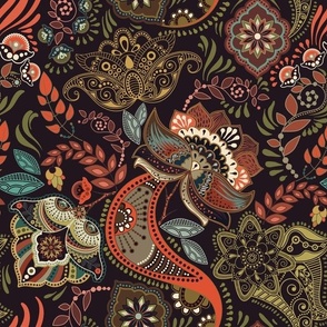 Elaborate Art Nouveau Floral Batik in Orange-Red and Teal on Dark Brown