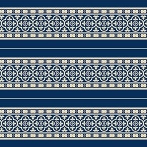doll scale medieval-style quatrefoil borders, ivory on dark blue