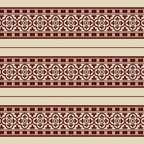 doll scale medieval-style quatrefoil borders, dark red on ivory