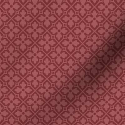 doll-scale Gothic Revival Quatrefoil Lattice - muted burgundy