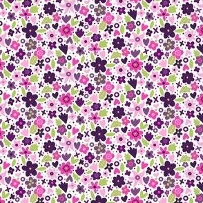 Ditsy Whimsical X and O Floral, Pink and Purple on White