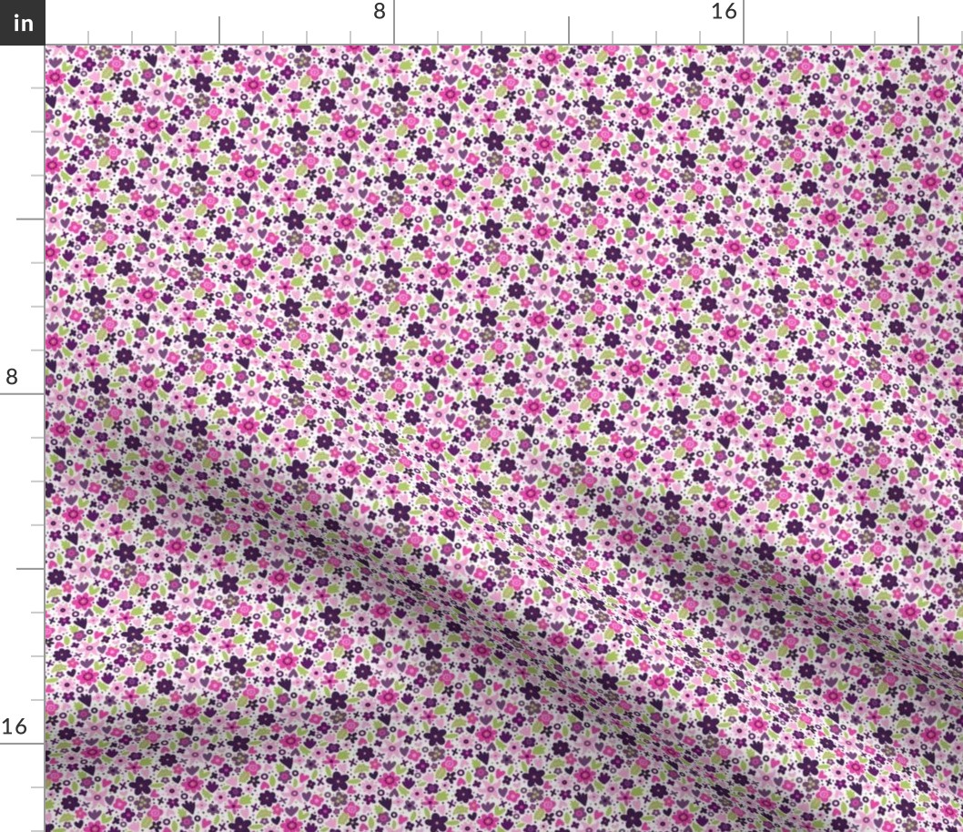 Ditsy Whimsical X and O Floral, Pink and Purple on White