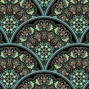 Batik Floral Scalloped Tiles in Blue, Green, and Brown