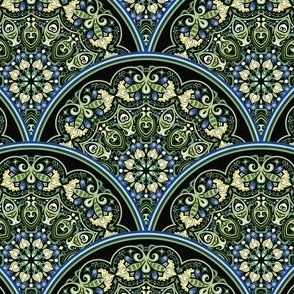 Batik Floral Scalloped Tiles in Blue, Green, and Yellow
