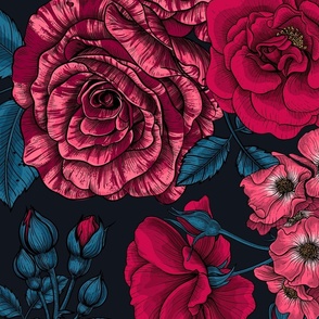 Pink, red and bi-color roses with blue leaves on black, large size