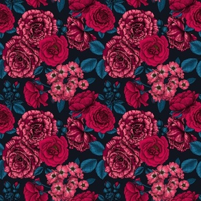 Pink, red and bi-color roses with blue leaves on black, small size