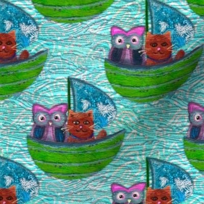 The Owl and the Pussycat whimsical pea green  boat on the sea with texture Turquoise sea