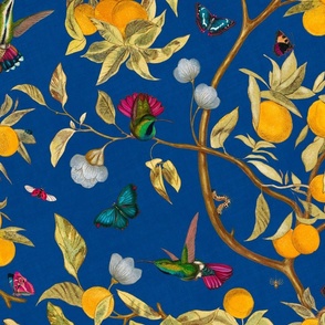 Hummingbirds, lemons and butterflies in cobalt blue 