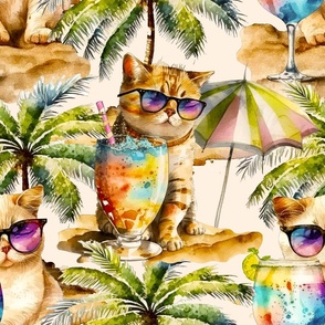 Pet wearing sunglasses, cat on vacation summer watercolor