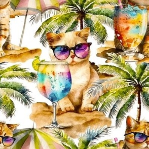 Pet wearing sunglasses, cat on vacation summer watercolor