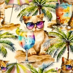 Pet wearing sunglasses, cat on vacation summer watercolor