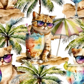 Pet wearing sunglasses, cat on vacation summer watercolor