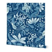 Enchanted Tulip Garden Birds Butterfly caterpillar floral tulips textured classic blue 