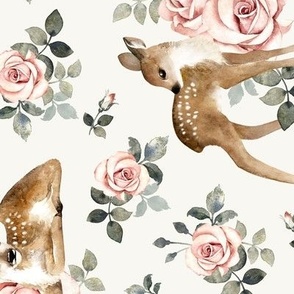  Large Scale / Little Deer With Vintage Roses / Off-White Background / Rotated