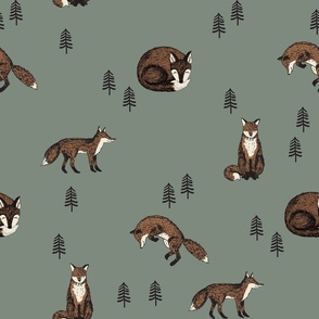 LARGE autumn fox forest fabric - forest green fall fabric