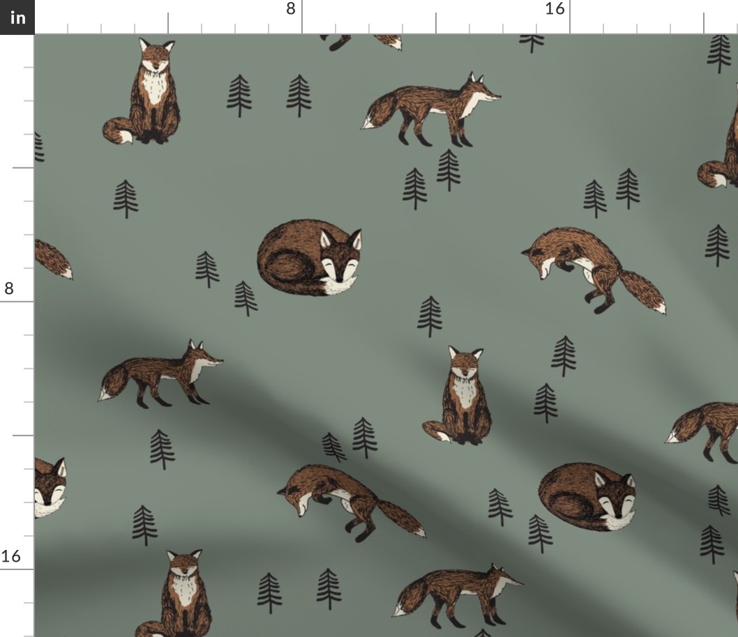 LARGE autumn fox forest fabric - forest green fall fabric