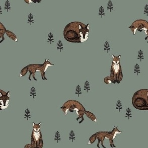 MEDIUM autumn fox forest fabric - forest green fall fabric