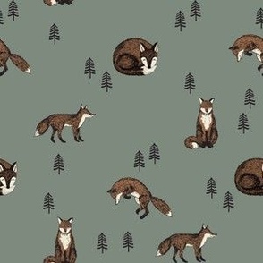 SMALL autumn fox forest fabric - forest green fall fabric