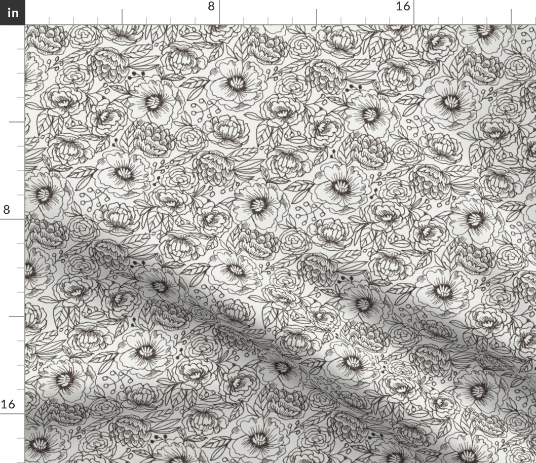 SMALL sketched floral outline fabric - interiors minimal black and off-white wallpaper