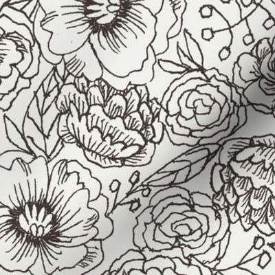 MEDIUM sketched floral outline fabric - interiors minimal black and off-white wallpaper