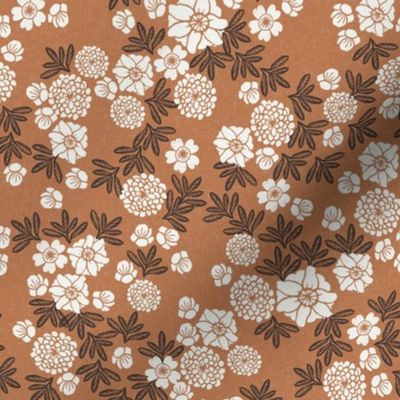 SMALL  linocut blossoms fabric - interiors boho brown design block print fabric