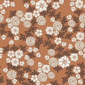 SMALL  linocut blossoms fabric - interiors boho brown design block print fabric