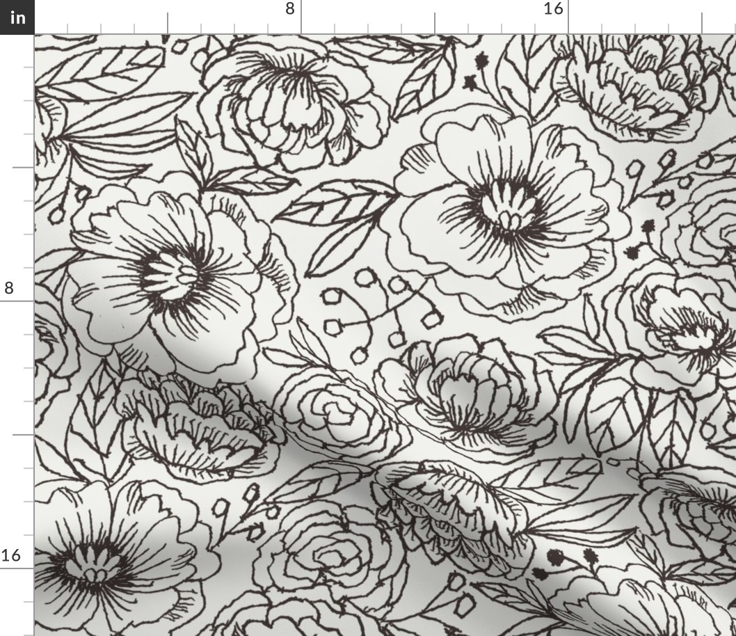 LARGE sketched floral outline fabric - interiors minimal black and off-white wallpaper