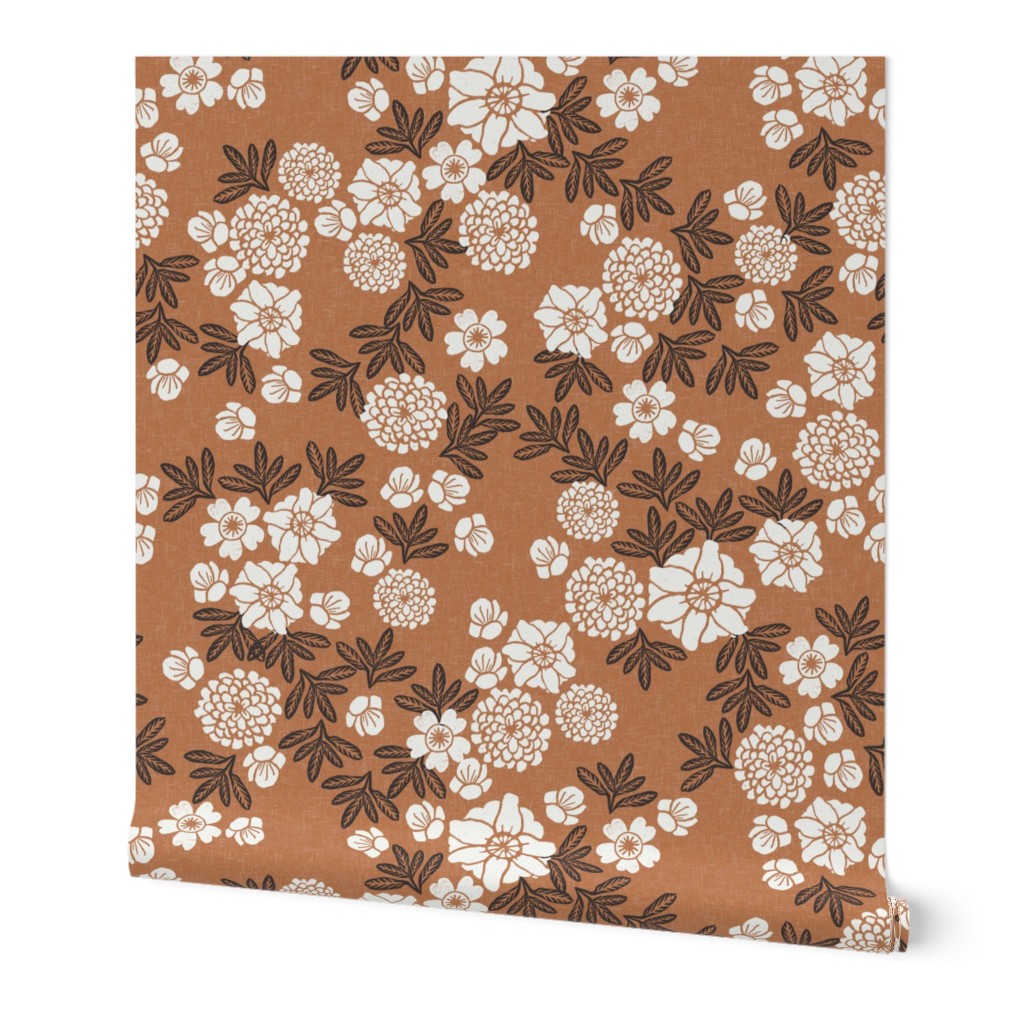 LARGE linocut blossoms fabric - interiors boho brown design block print fabric